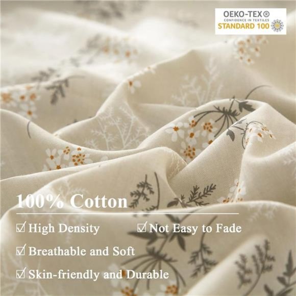 Boho Floral Duvet Cover Queen Soft 100% Cotton Garden Green Floral Bedding Set - Picture 5 of 7